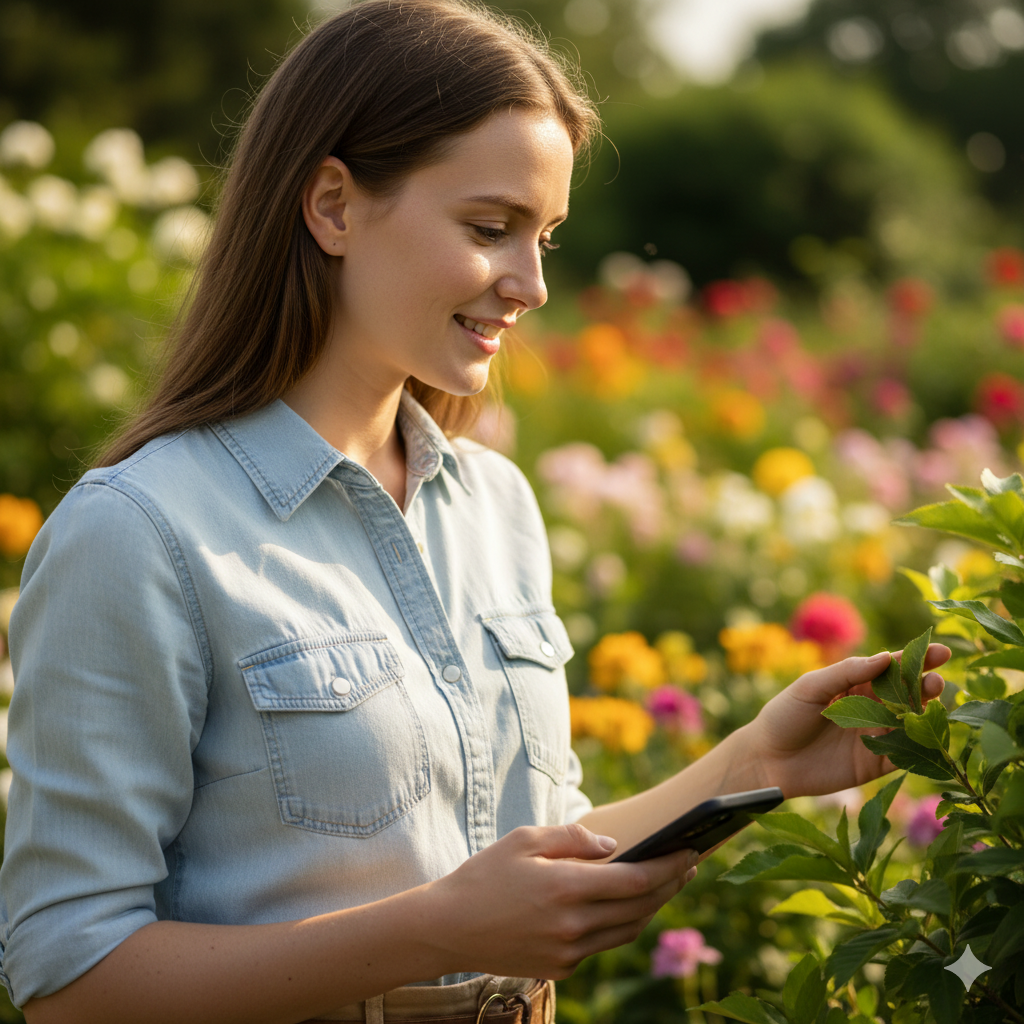 A photorealistic shot of a smiling woman in a garden using her smartphone (Giapp) to touch and identify a plant leaf.