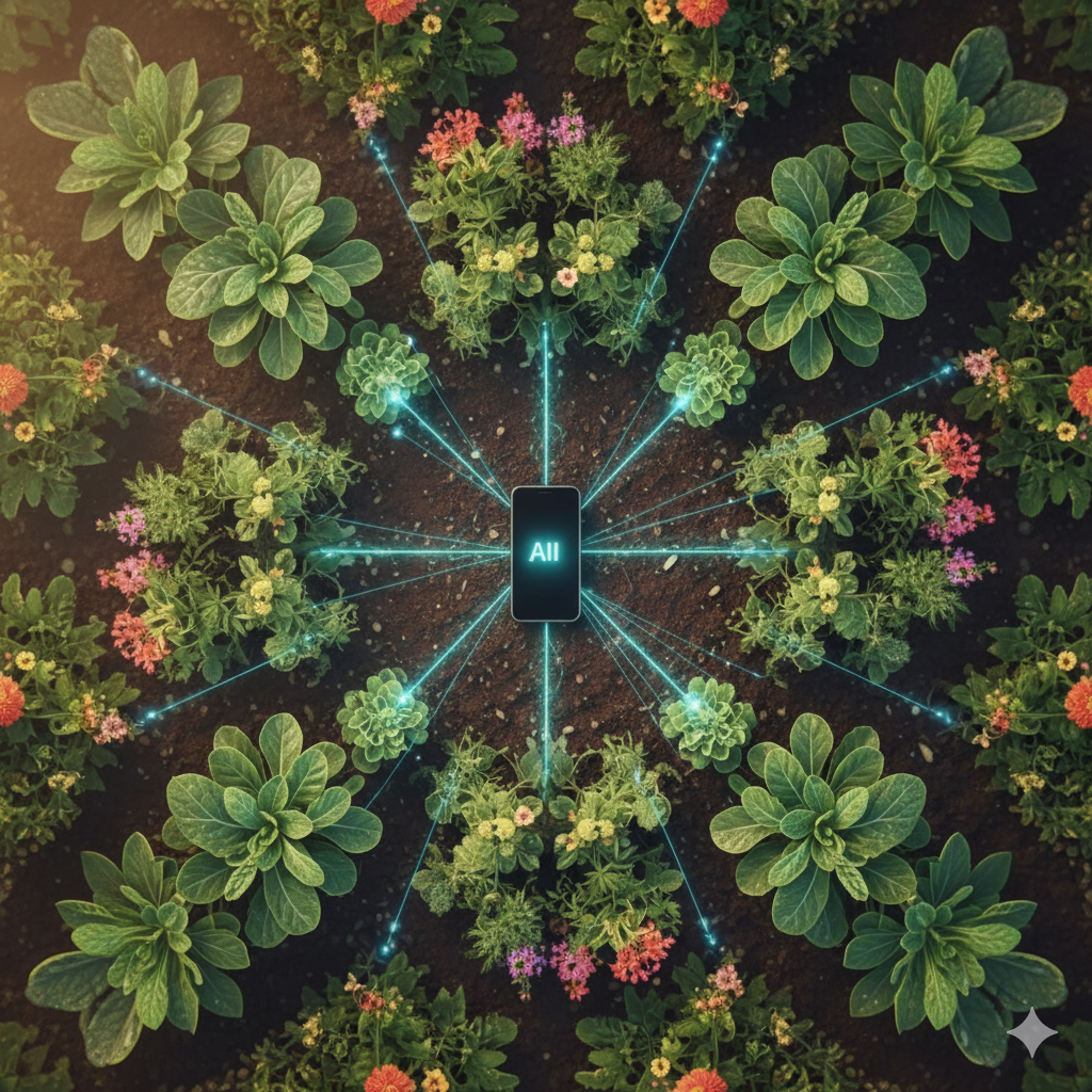 A conceptual top-down image showing a smartphone with "AII" (AI), connected by blue data lines to garden plants.