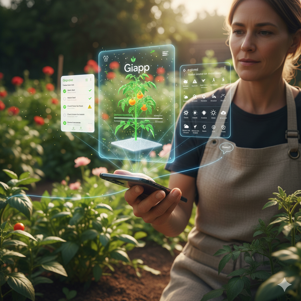 A female gardener using the Giapp app to view a holographic 3D model of her tomato plant and a list of AI-generated tasks.