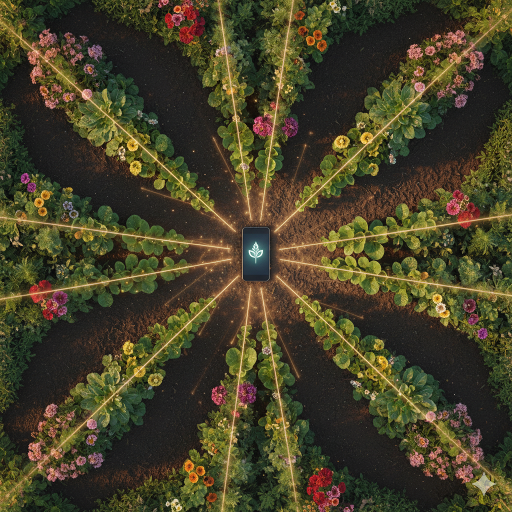 Crafting Captivating Headlines: Your awesome post title goes here A conceptual top-down image showing Giapp as the "brain" of a garden, connected by golden lines of energy to all the plants.