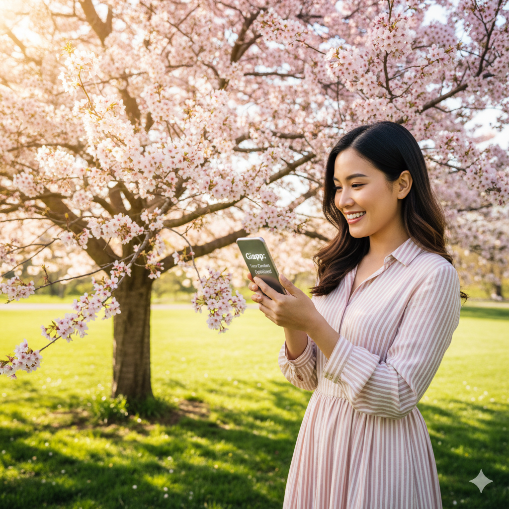 The Art of Drawing Readers In: Your attractive post title goes here A smiling woman uses the Giapp app, with the app's name visible on the phone screen, set against a sunlit cherry blossom tree.
