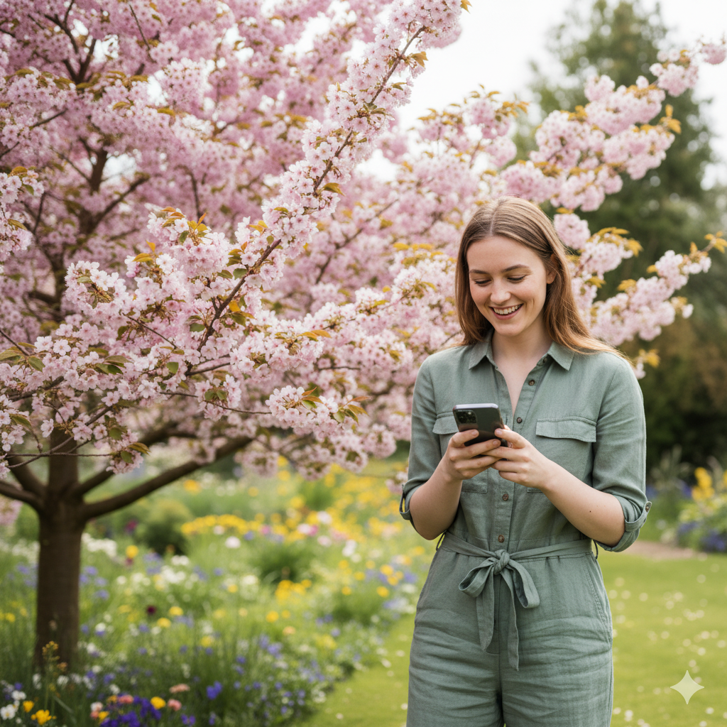 Mastering the First Impression: Your intriguing post title goes here A photorealistic shot of a happy woman in a green jumpsuit smiling while using the Giapp app, with a pink blossom tree in the background.
