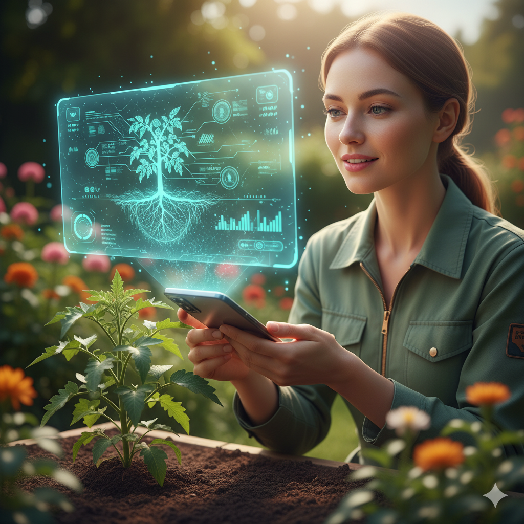 giapp-ai-roots-analysis-hologram.jpg A smiling woman looks at a futuristic hologram of a plant's root system, generated by the Giapp app for deep AI analysis.